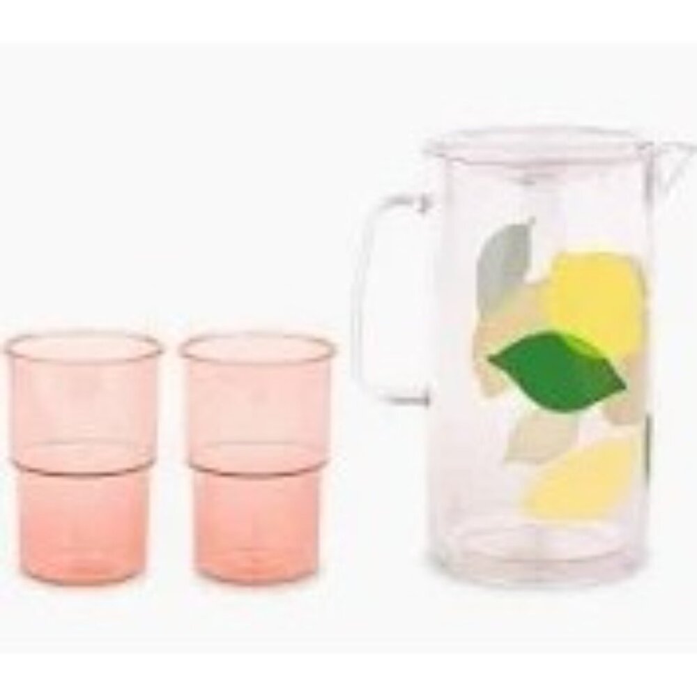 Kate Spade Pitcher and Set of 2 Cups OS Pink Lemon Print Citrus Drinkware Set - Picture 2 of 4
